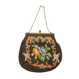 Vintage Needlepoint Floral Handbag Womens Small Brown Petit Point Evening Bag